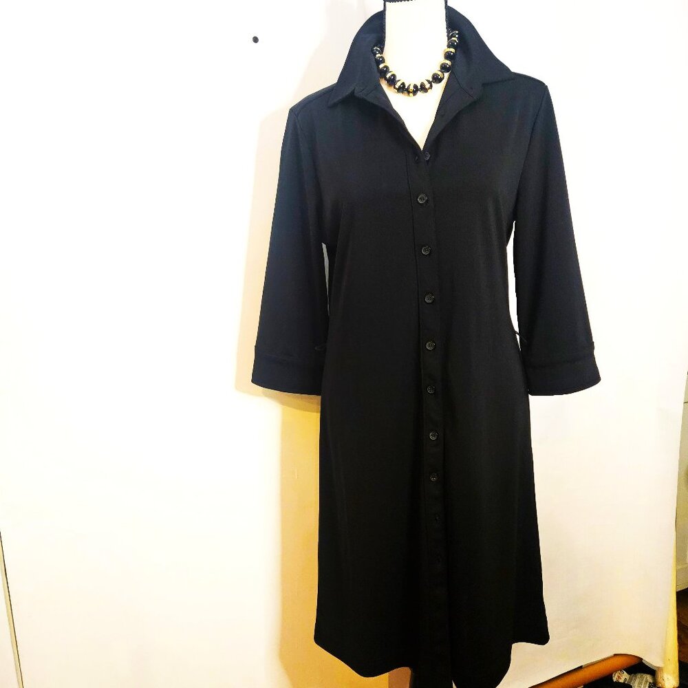 Express Size 7/8 Black Polyester Shirtdress w 3/4 sleeves & Classic Collar